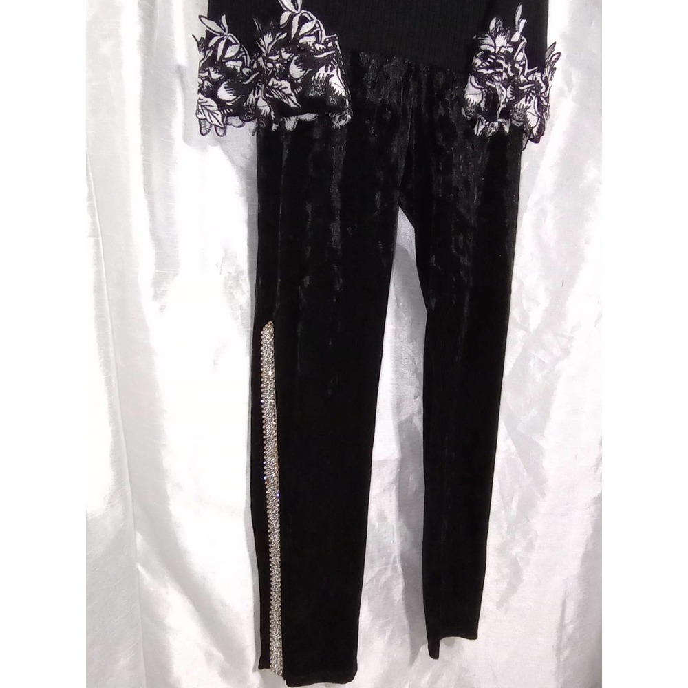 RHINESTONES VENUS Velvet Leggings Black Velour diamond pants